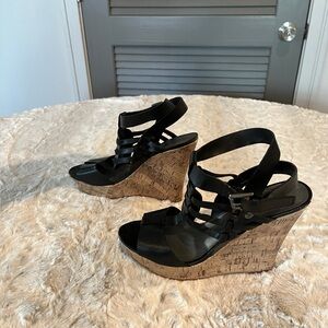 Guess Black and Brown Wedge Sandals with Cork Heel